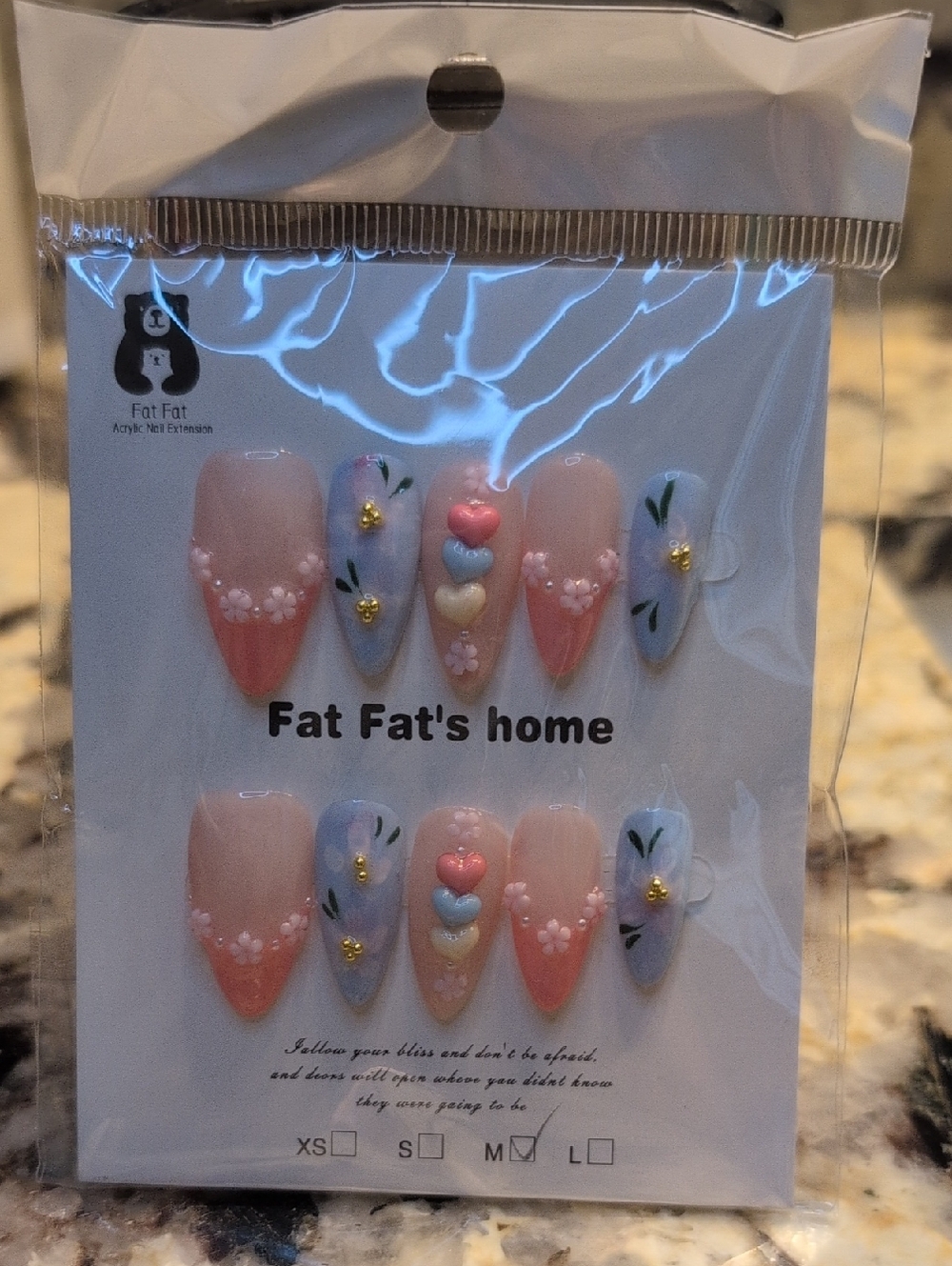 Fat Fat's Home Pastel Heart & Floral Press-On Nail Set - Pink & Light Blue